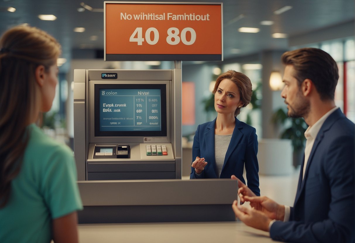 A locked bank account with a "no withdrawal" sign, a frustrated person trying to access the account, and a bank representative explaining the consequences and precautions