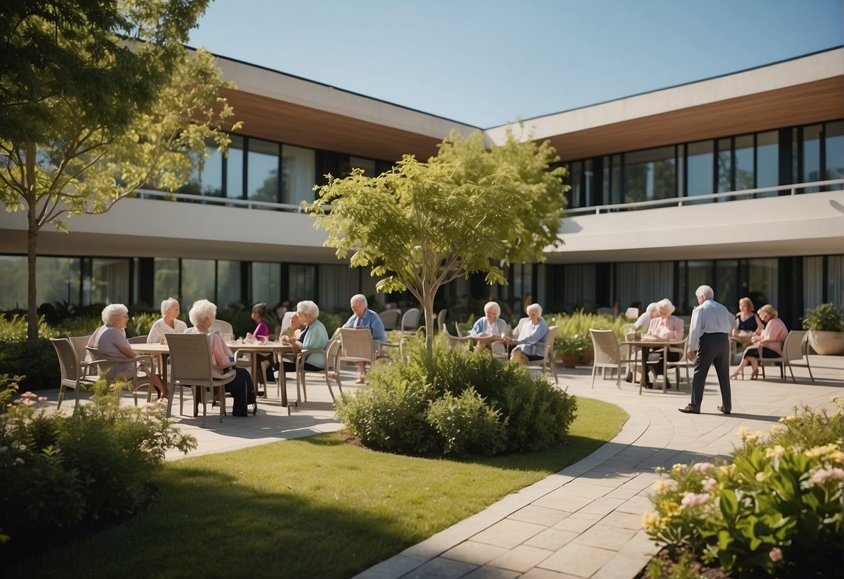 Investing in an ehpad: a modern building surrounded by greenery, with elderly residents socializing in outdoor spaces and staff providing care inside