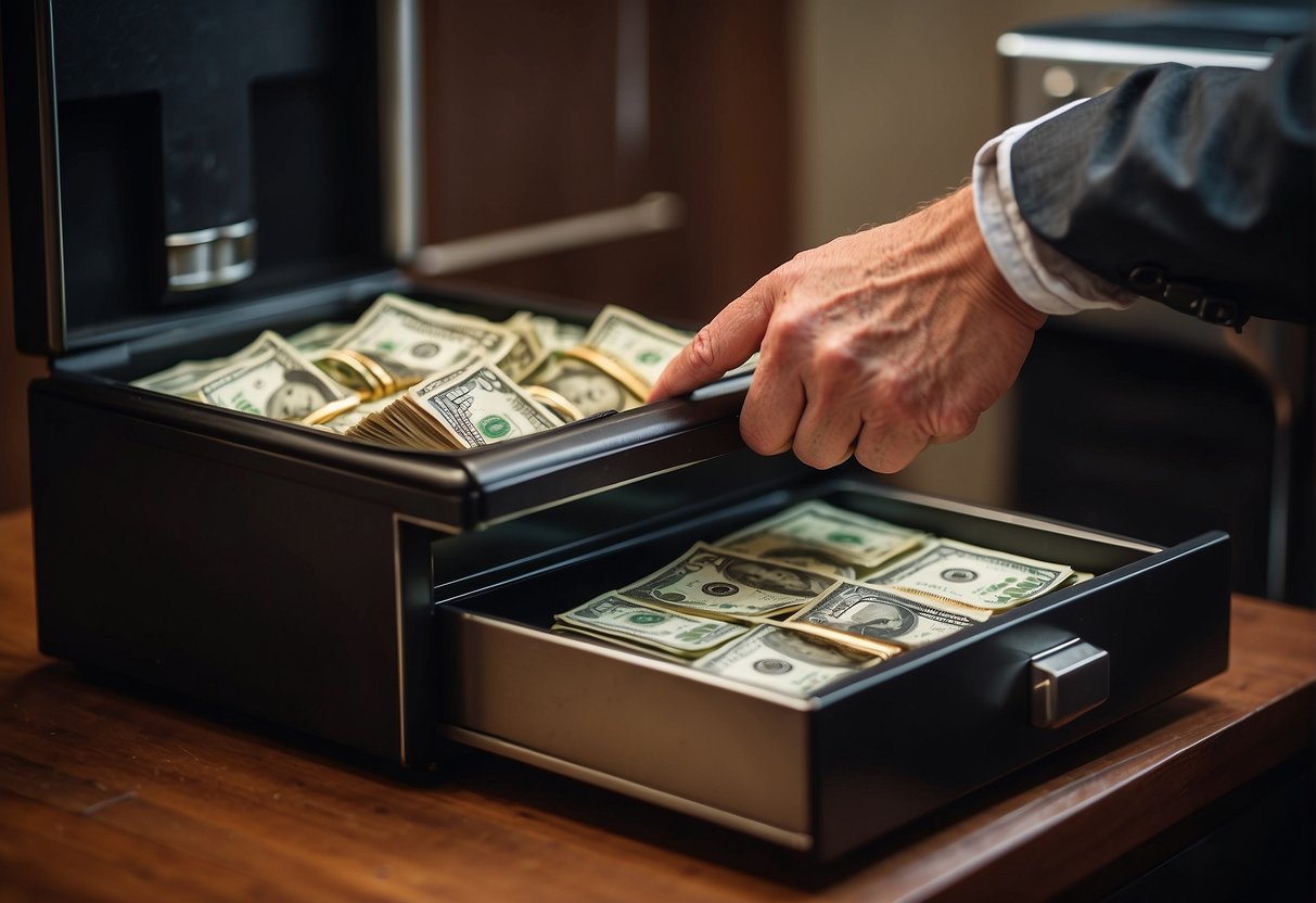 A stack of cash being placed into a safe after a real estate sale