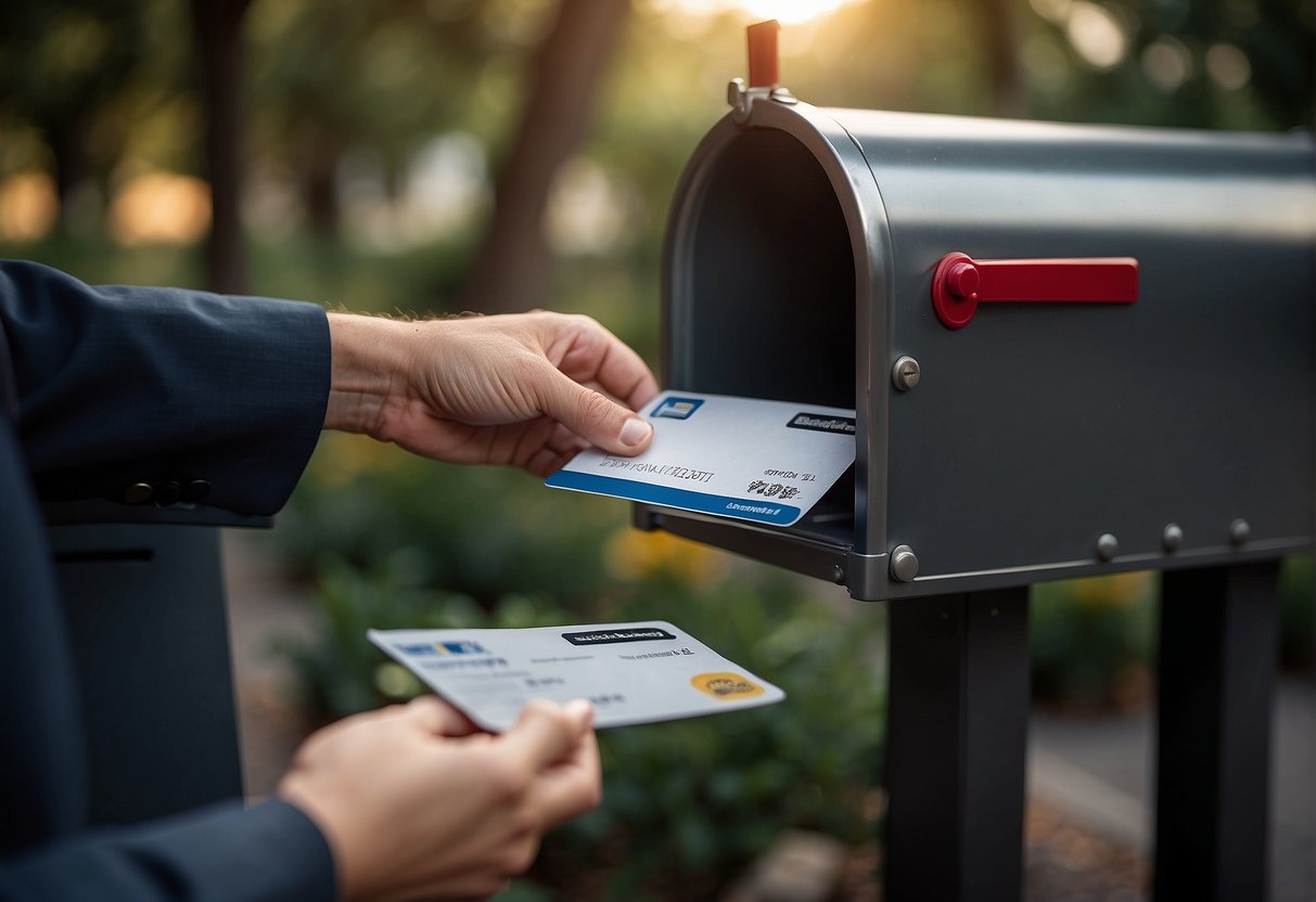 A hand reaches into a mailbox, pulling out a Caisse d'Épargne bank card envelope. The mailbox is labeled with the bank's logo